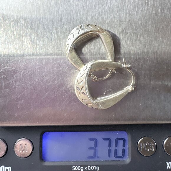 VTG Solid Sterling Silver 925 Etched Puffed Hoop Earrings Size 1" Length - Picture 6 of 7